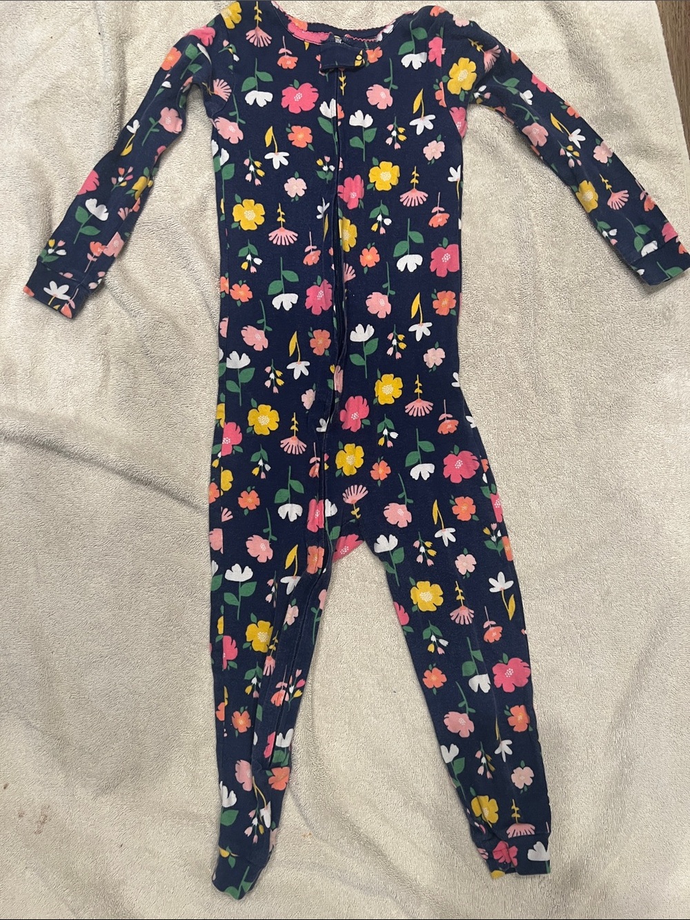 Carter's Navy Floral Footed One-Piece Pajama - Pink Yellow Green Flowers